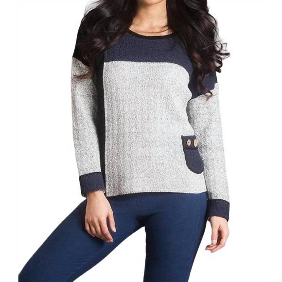 NEW FRENCH KYSS boucle color block crew sweater in slate combo - Picture 1 of 3